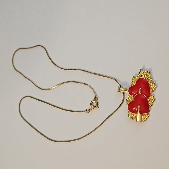 Double Red Enamel Heart Pendant on 18" Sq. Link Chain - Picture 7 of 10